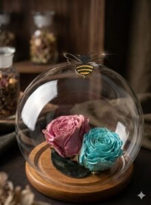 # 354 Cúpula de la Naturaleza: Dúo de Rosas Preservadas con Detalle de Abeja