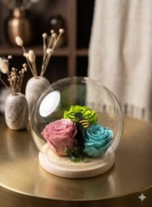 # 355 Jardín de Fantasía: Trío de Rosas Preservadas con Abeja Decorativa